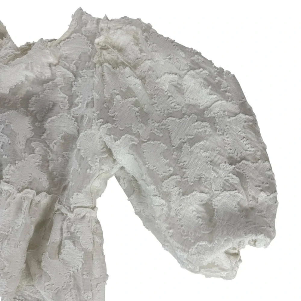 Free People Callie White Floral Applique Peplum‎ Blouse Tie Back Puff Sleeve M